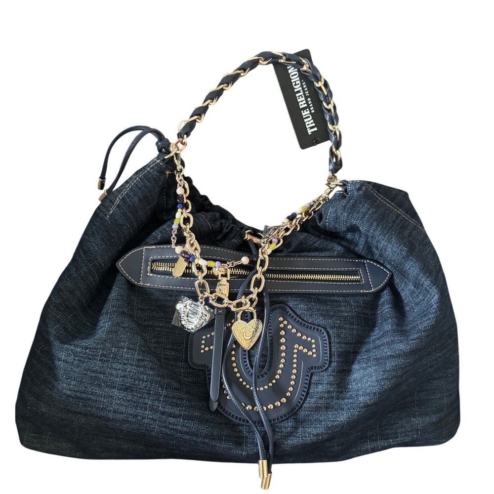True Religion All Denim Large Hobo Bag Multi chain Strap With Charm NWT